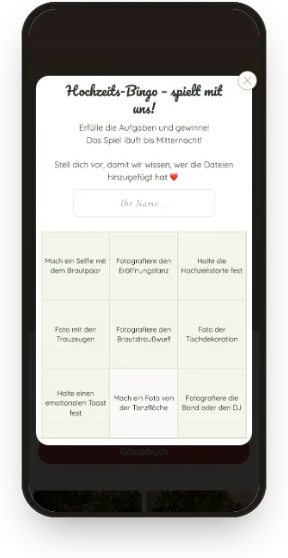 Bingo: Spielfeld mit Foto-Challenges.