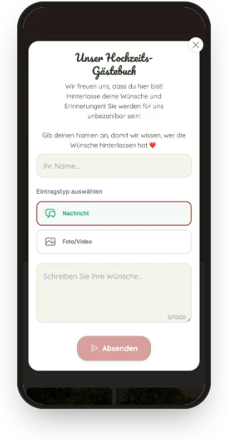 Gästebuch: Formular für Glückwünsche.