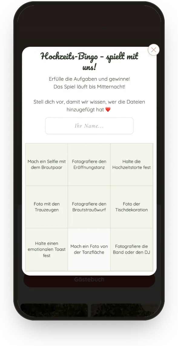 Bingo: 3 × 3-Spielfeld mit Foto-Aufgaben in der Gästegalerie.