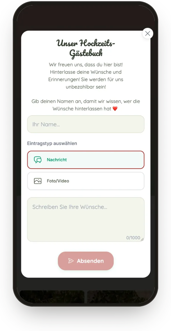 Gästebuch: Der Gast wählt Nachricht, Foto oder Video und schreibt seine Glückwünsche.