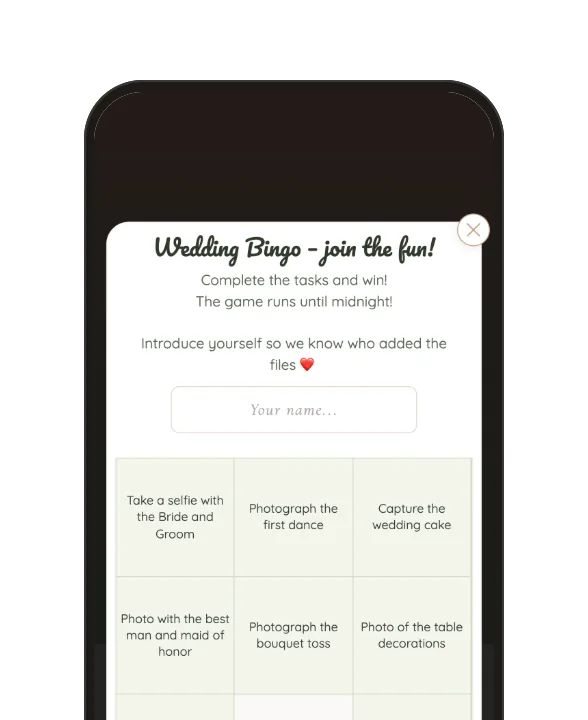 Wedding bingo in the guest gallery: a 3 × 3 board of photo challenges.