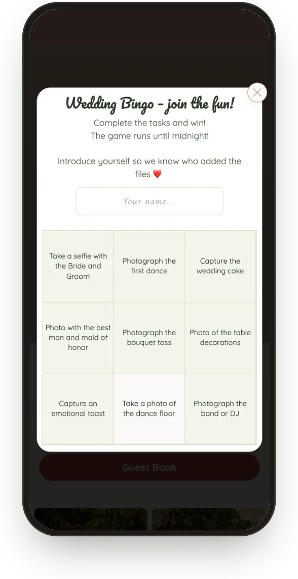 Bingo: a 3 × 3 board of photo challenges in the guest gallery.