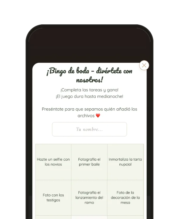 Bingo de boda en la galería del invitado: tablero de 3 × 3 con retos fotográficos.