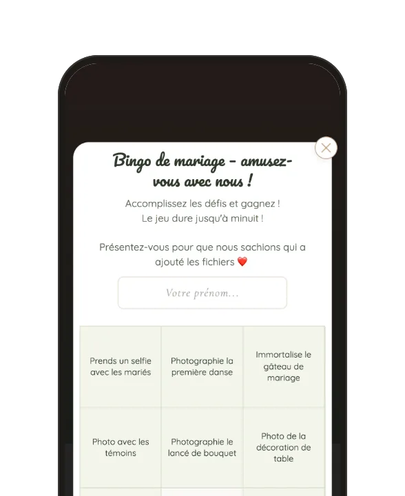 Bingo de mariage dans la galerie de l’invité : grille 3 × 3 de défis photo.