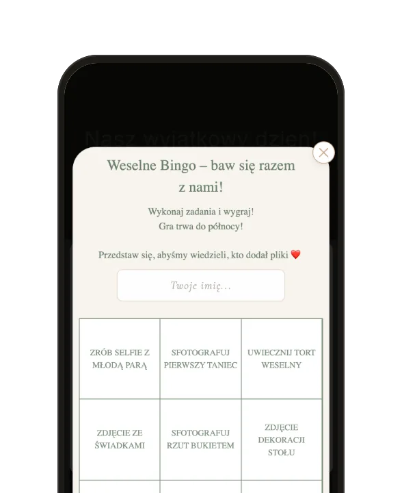 Weselne bingo w galerii gościa: plansza 3 × 3 z zadaniami fotograficznymi.