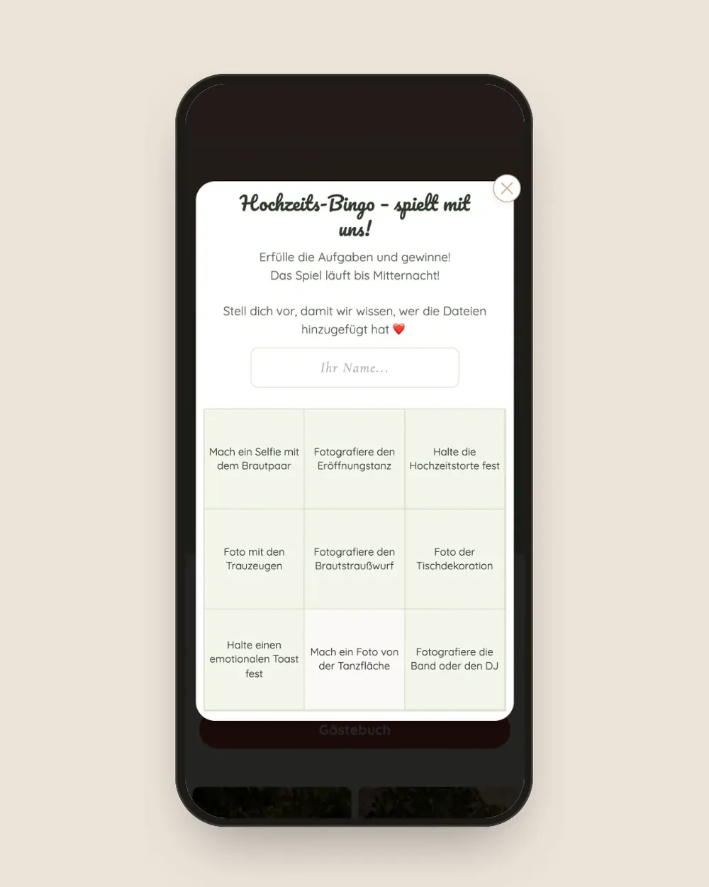 Hochzeits-Bingo in der Gästegalerie: 3 × 3-Spielfeld mit Foto-Aufgaben.