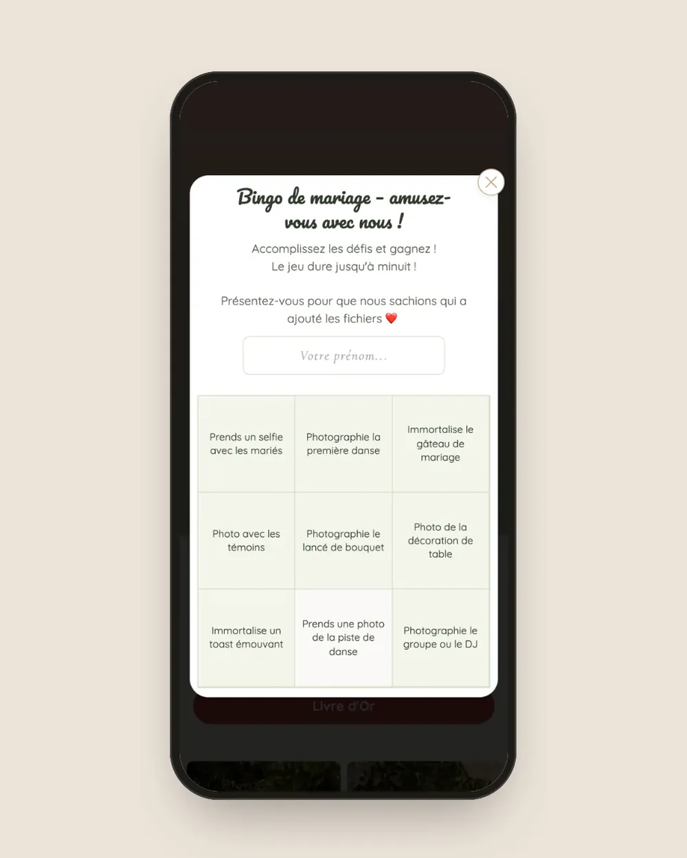 Bingo de mariage dans la galerie de l’invité : grille 3 × 3 de défis photo.