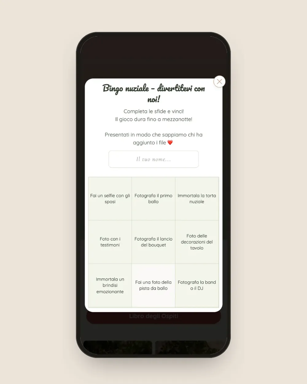 Bingo del matrimonio nella galleria dell'invitato: una griglia 3 × 3 con sfide fotografiche.