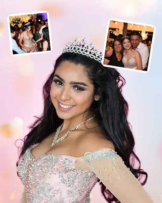 Quinceañera con tiara y vestido rosa sobre confeti dorado, junto a fotos de los invitados de la fiesta.